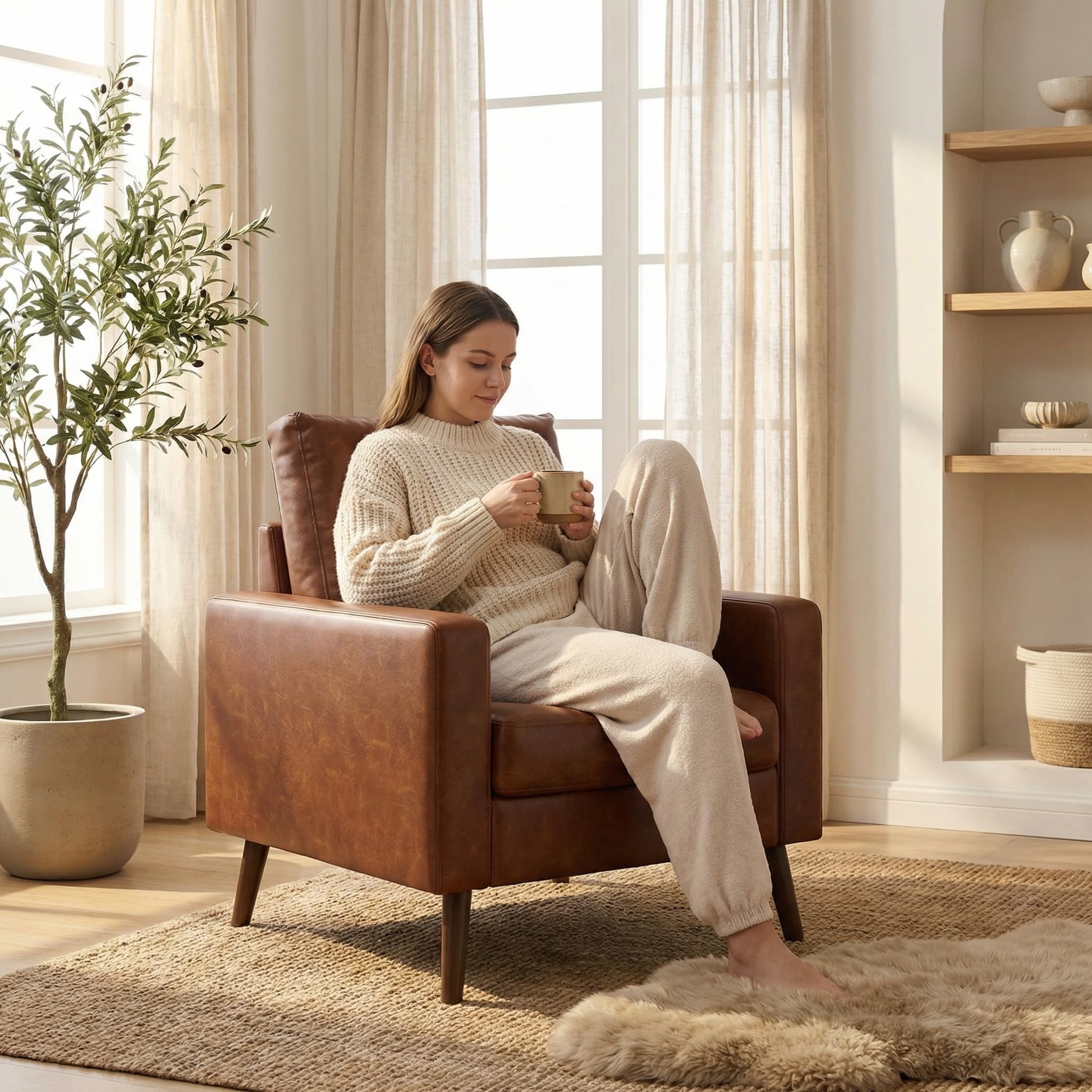 HNY Mid Century Modern Armchair, Button Tufted Faux Leather Accent Chair with Armrests, Upholstered Club Chair for Living Room, Bedroom & Office, Caramel Brown