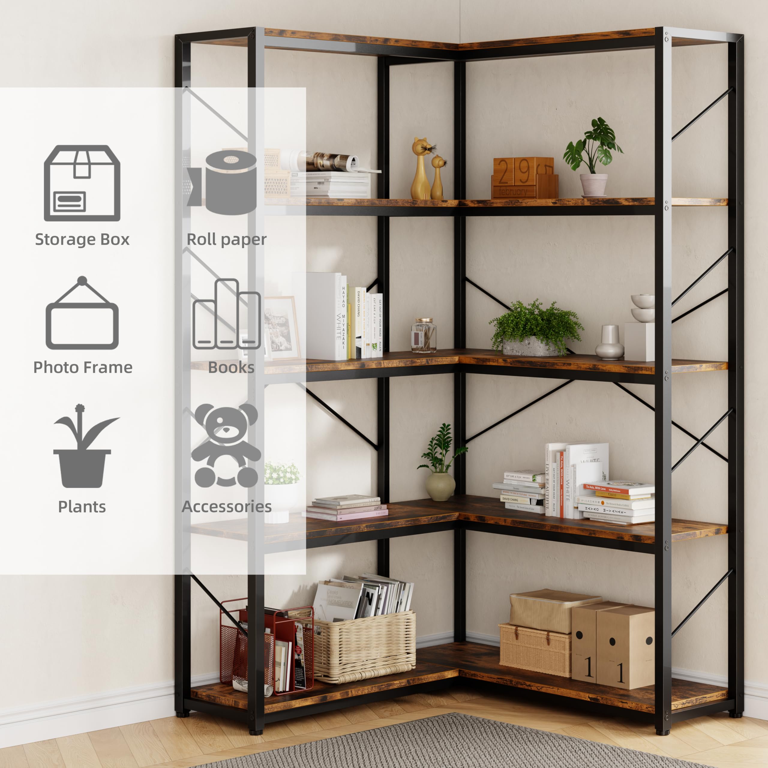 5-Tier Corner Bookshelf L-Shaped Storage Rack