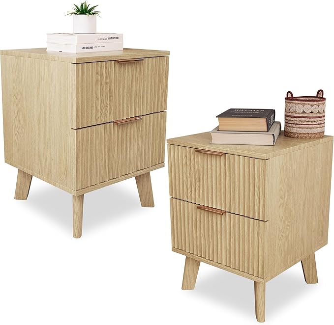 Fluted Nightstand Set of 2 with 2 Drawers