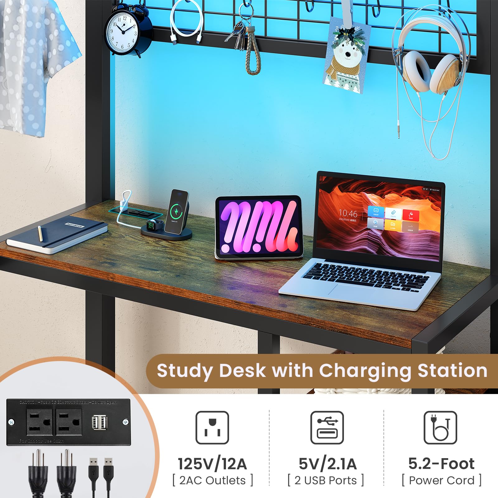 L-Shaped Twin Over Twin Bunk Bed with Desk and LED Lights