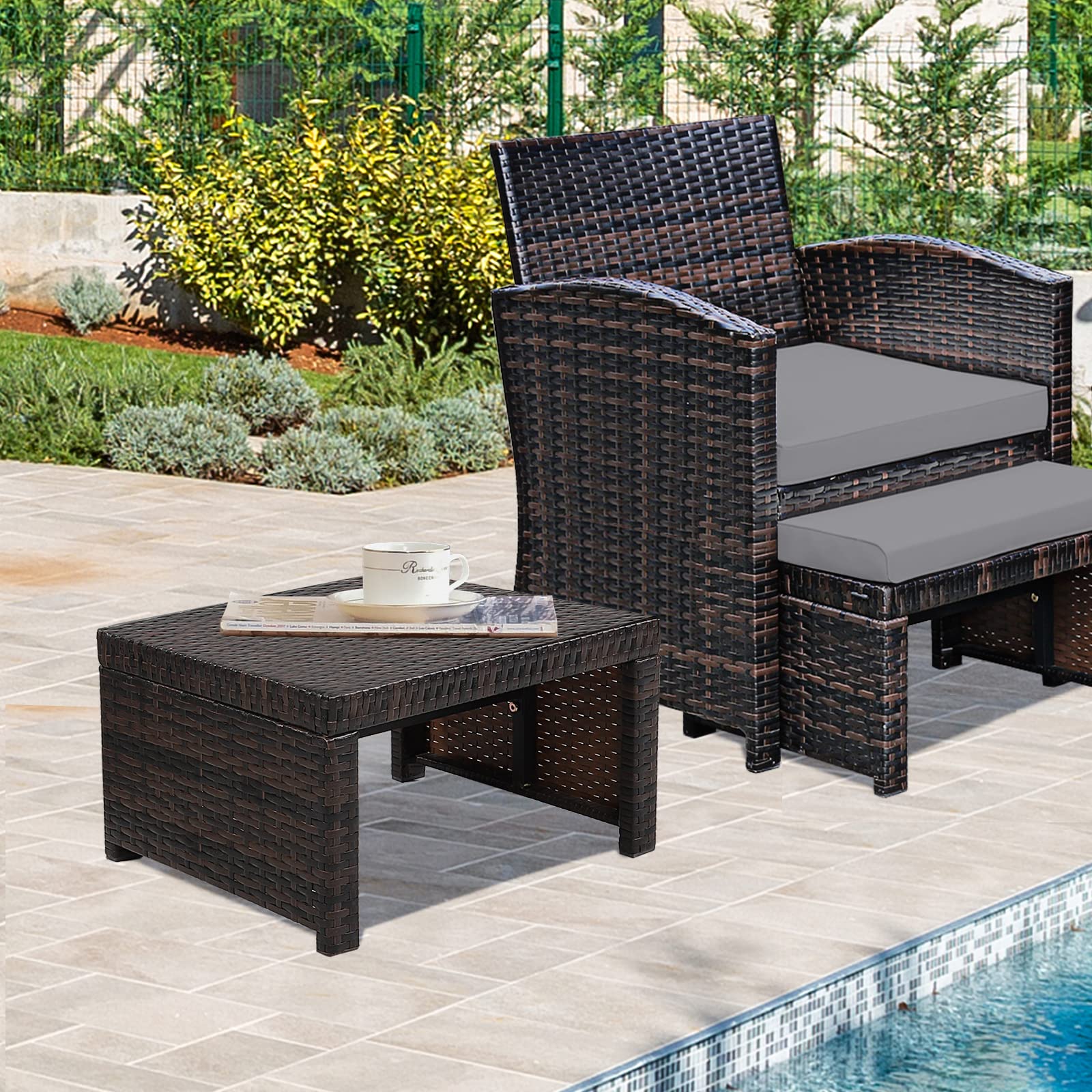 2 Piece Outdoor Wicker Ottomans with Cushions