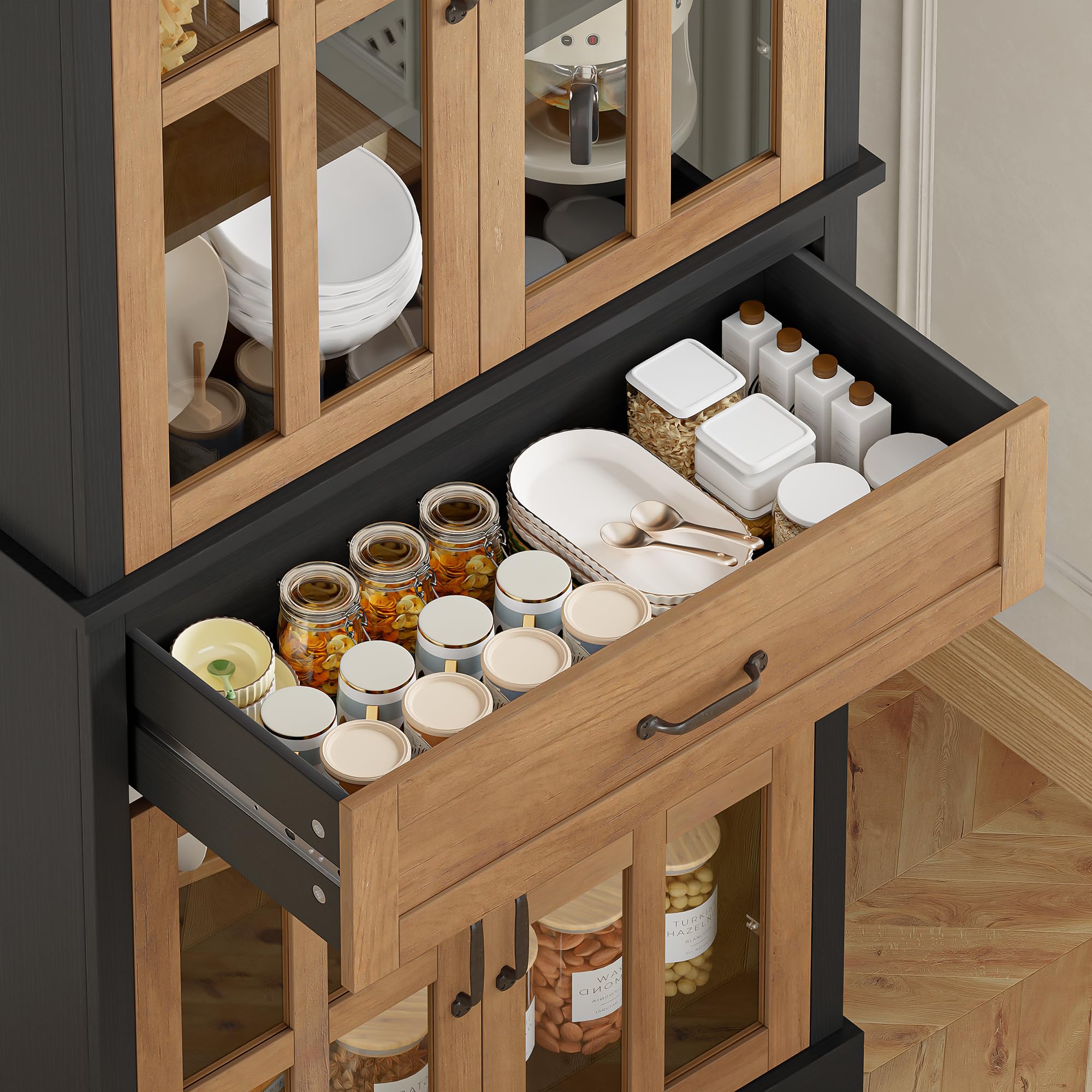 Kitchen Pantry Cabinet with Glass Doors and Drawer