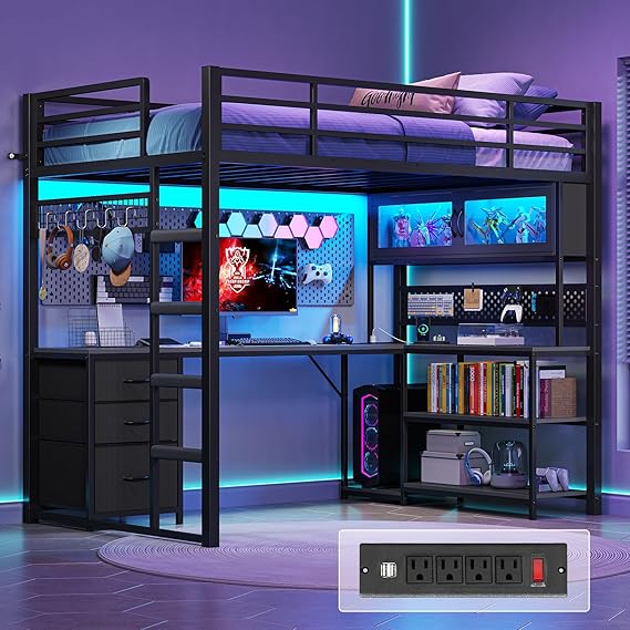 Twin Loft Bed with L-Shaped Gaming Desk and Storage