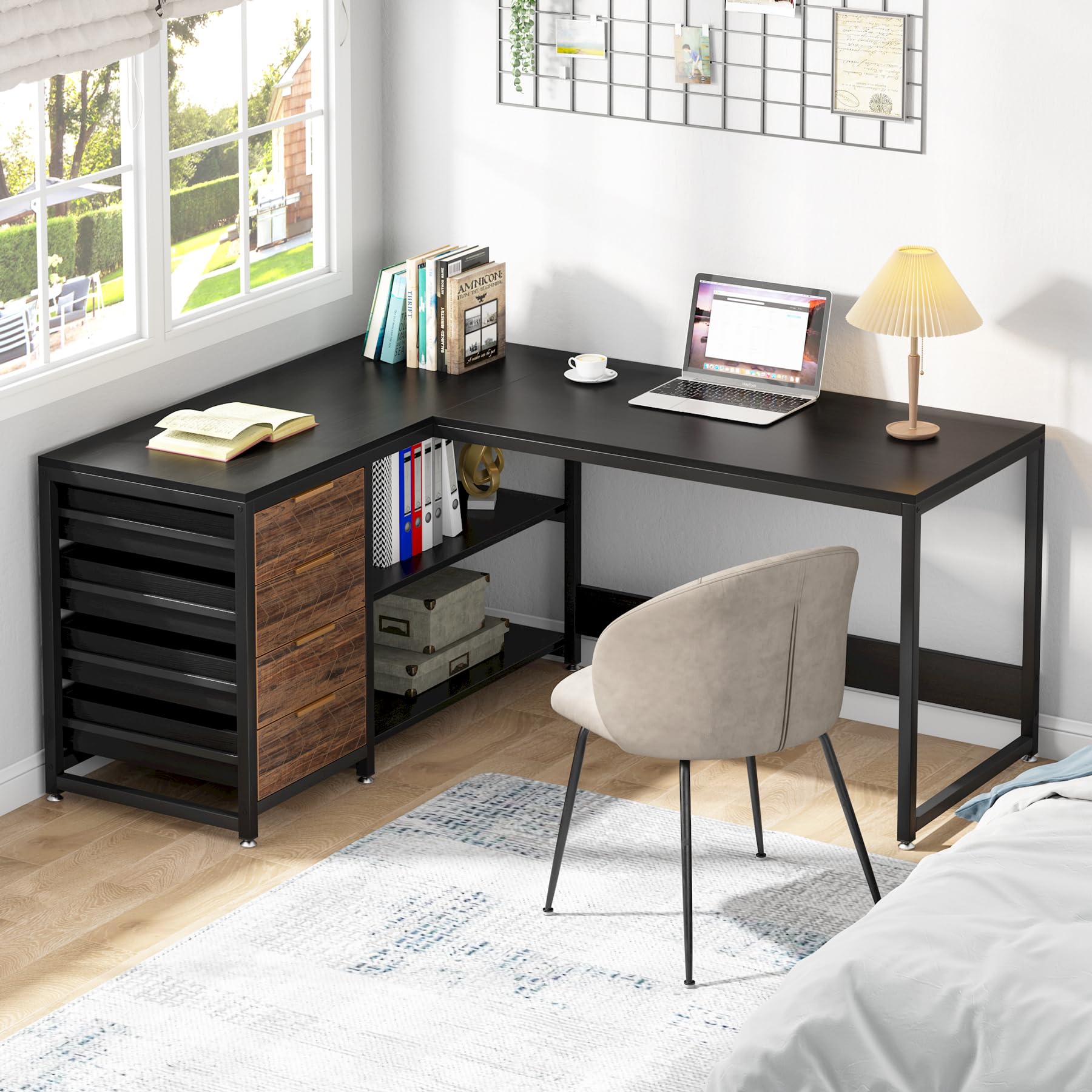 L-Shaped Computer Desk with Storage Drawers 59 Inch