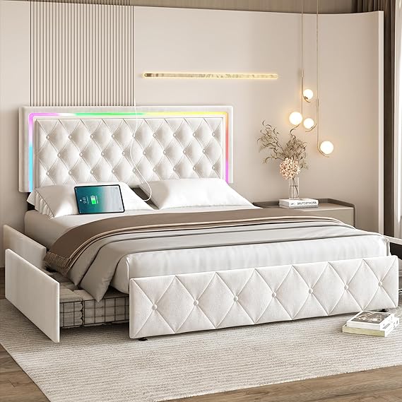 Queen Bed Frame with LED Headboard and Storage
