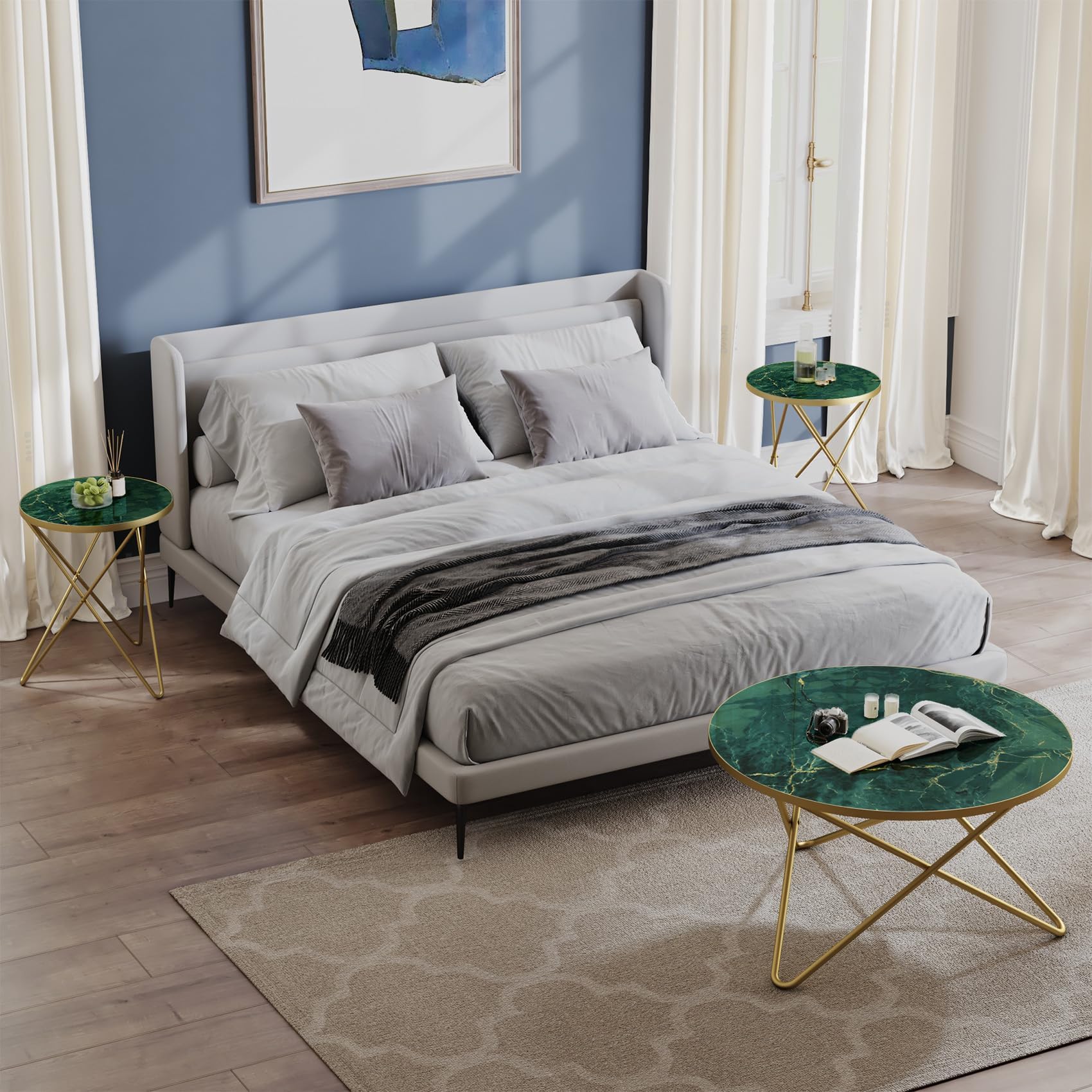 Round Coffee Table and Side Table Set of 3 with Faux Marble Top