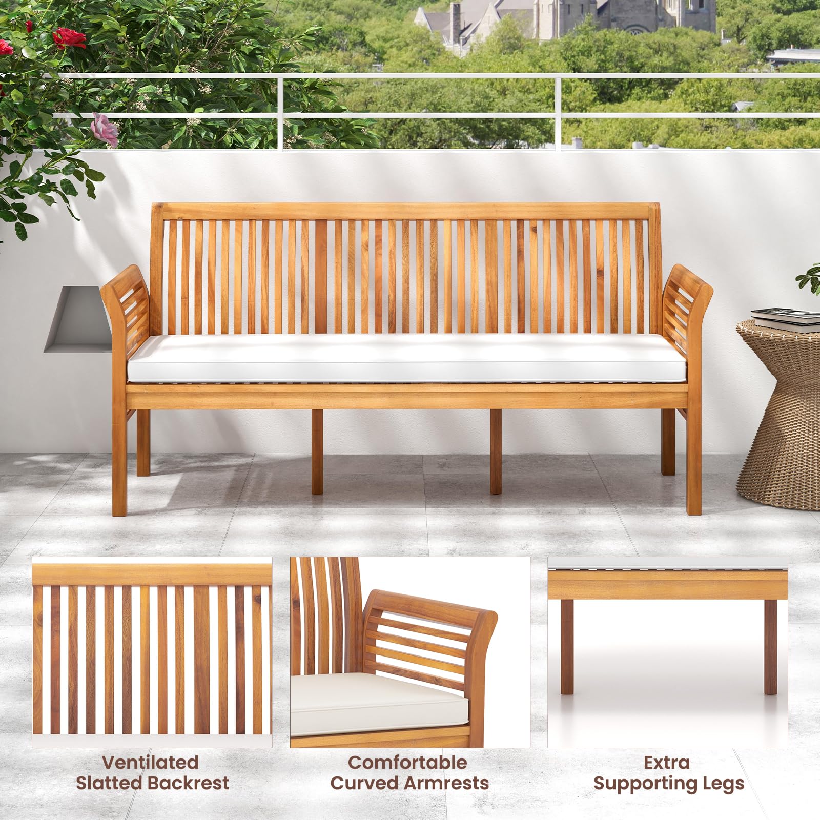 3-Person Acacia Wood Outdoor Bench with Cushion