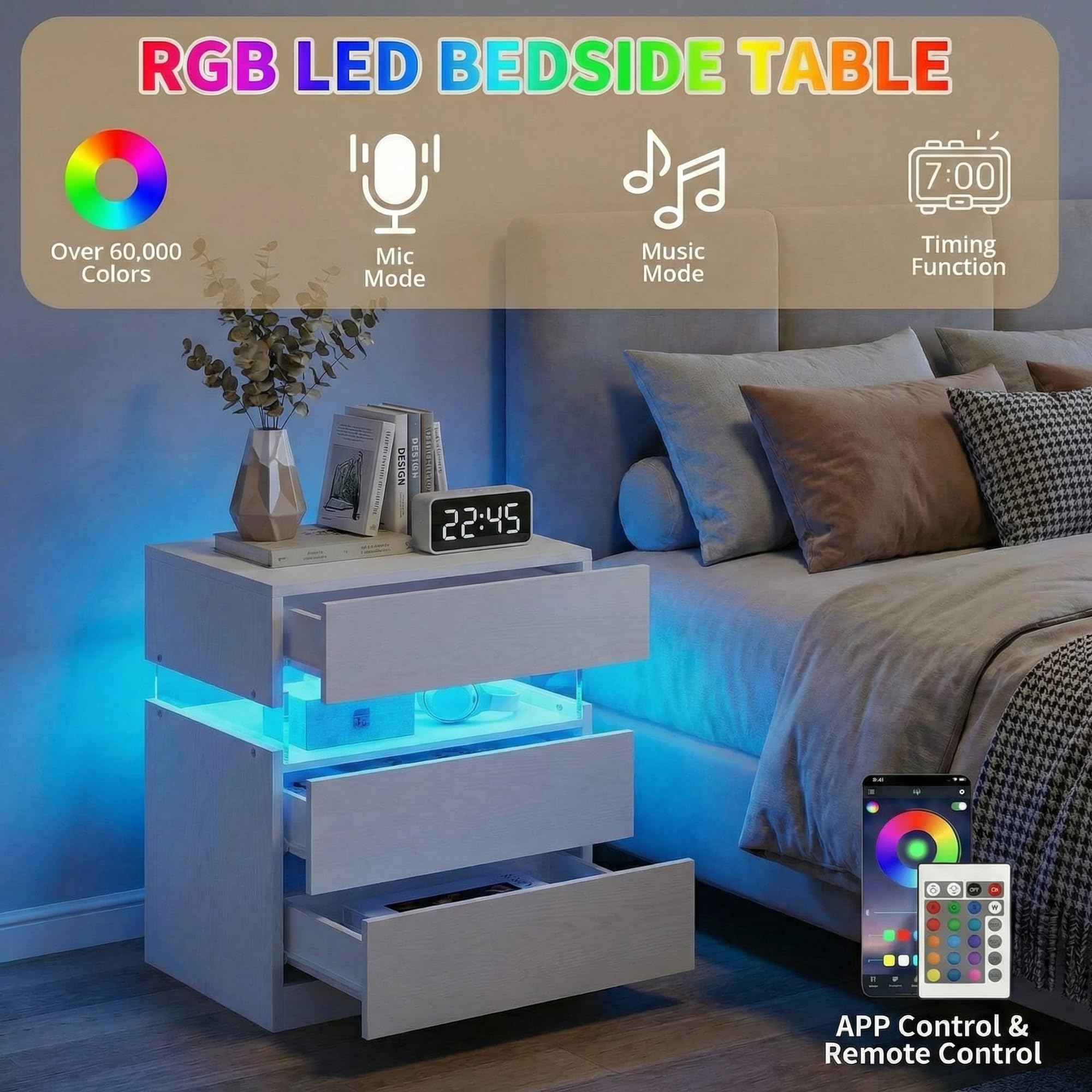 3-Drawer Nightstand with RGB LED Lighting
