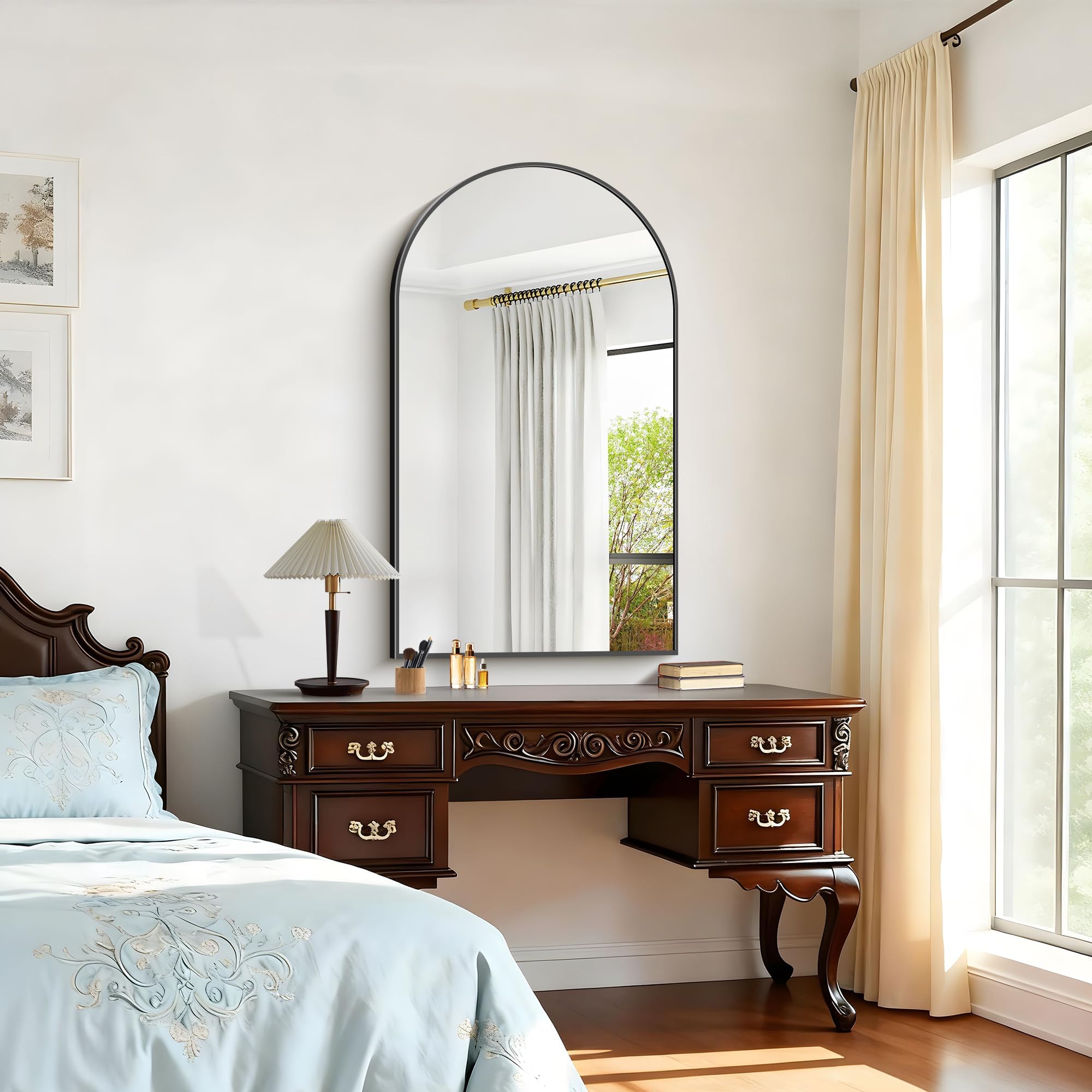 Arched Wall Mirror 24x40 Black Aluminum Frame