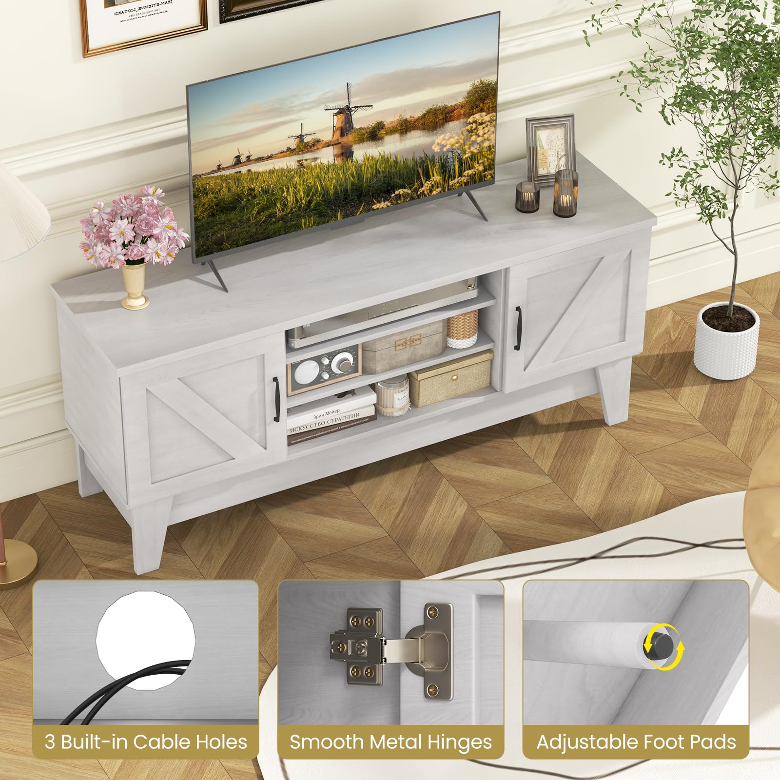 Farmhouse TV Stand for 65 Inch TVs with Barn Door Cabinets