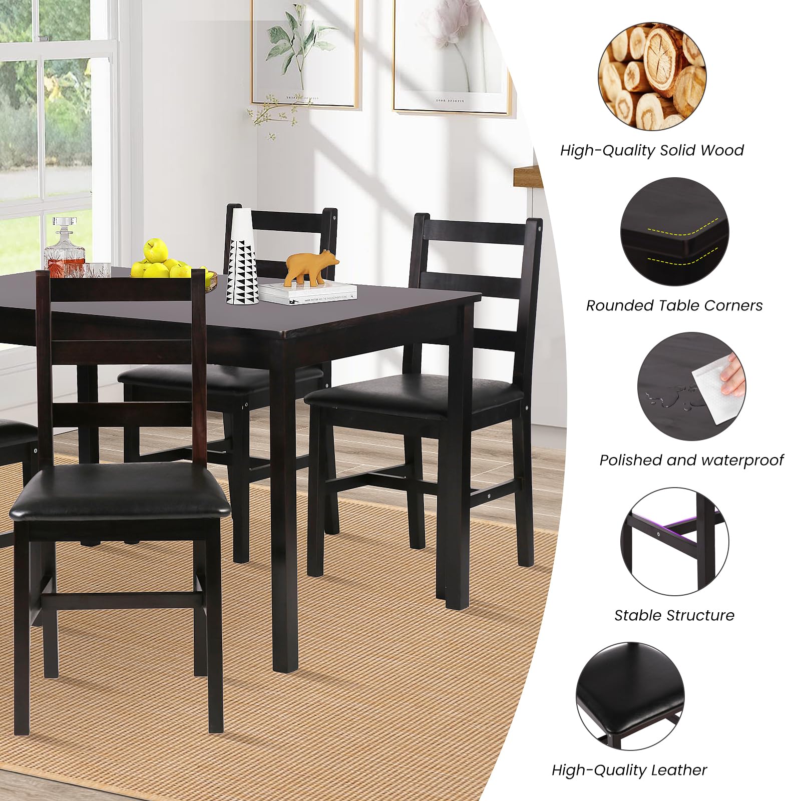 5-Piece Wooden Dining Table Set for 4 - Square Kitchen Table with Chairs