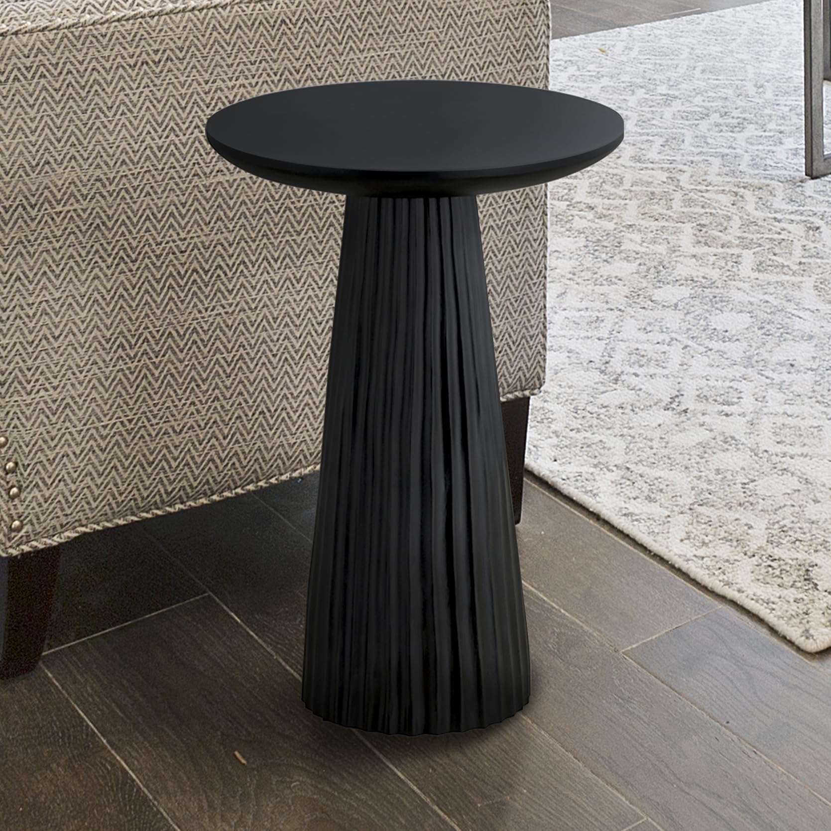 Black Ribbed Mango Wood Round Side Table