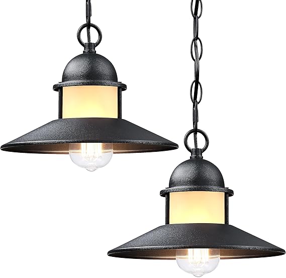 Outdoor Pendant Light 2 Pack Matte Black with Frosted Glass