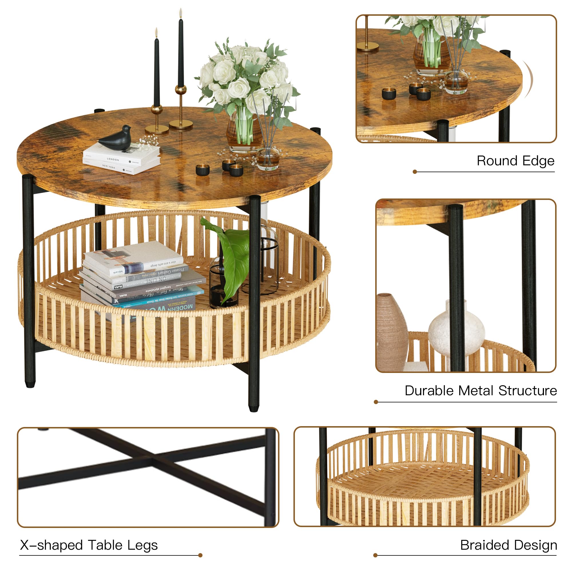 3-Piece Coffee Table Set with Rattan Storage Shelf