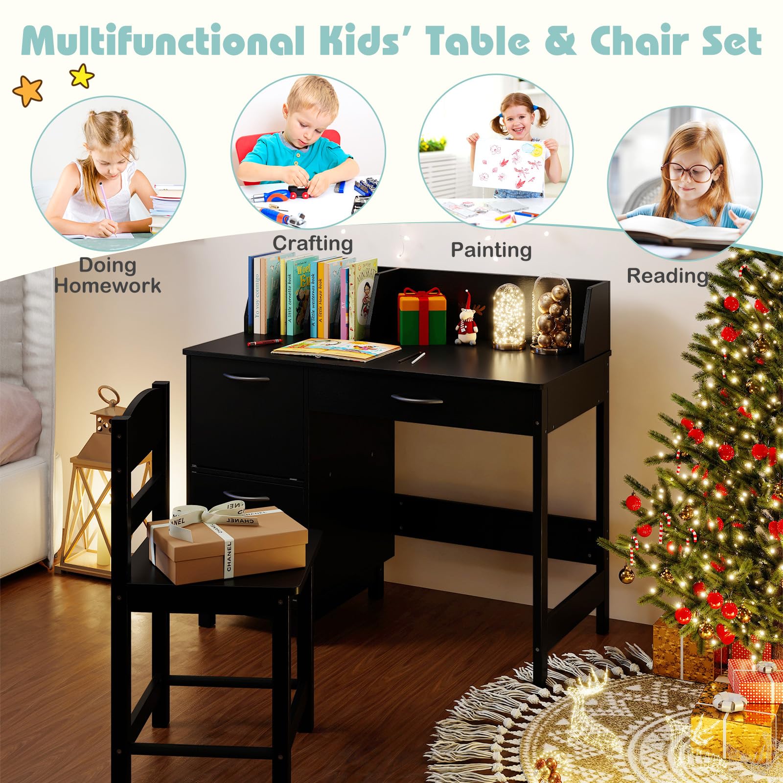 Kids Desk and Chair Set with Hutch and Storage