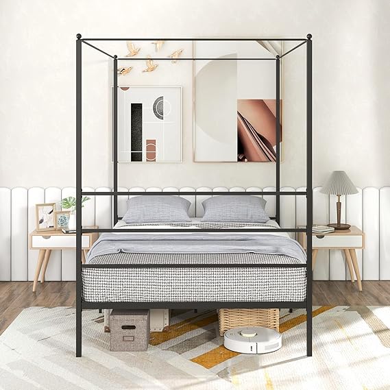 Queen Size Metal Canopy Bed Frame with 4 Poster Headboard
