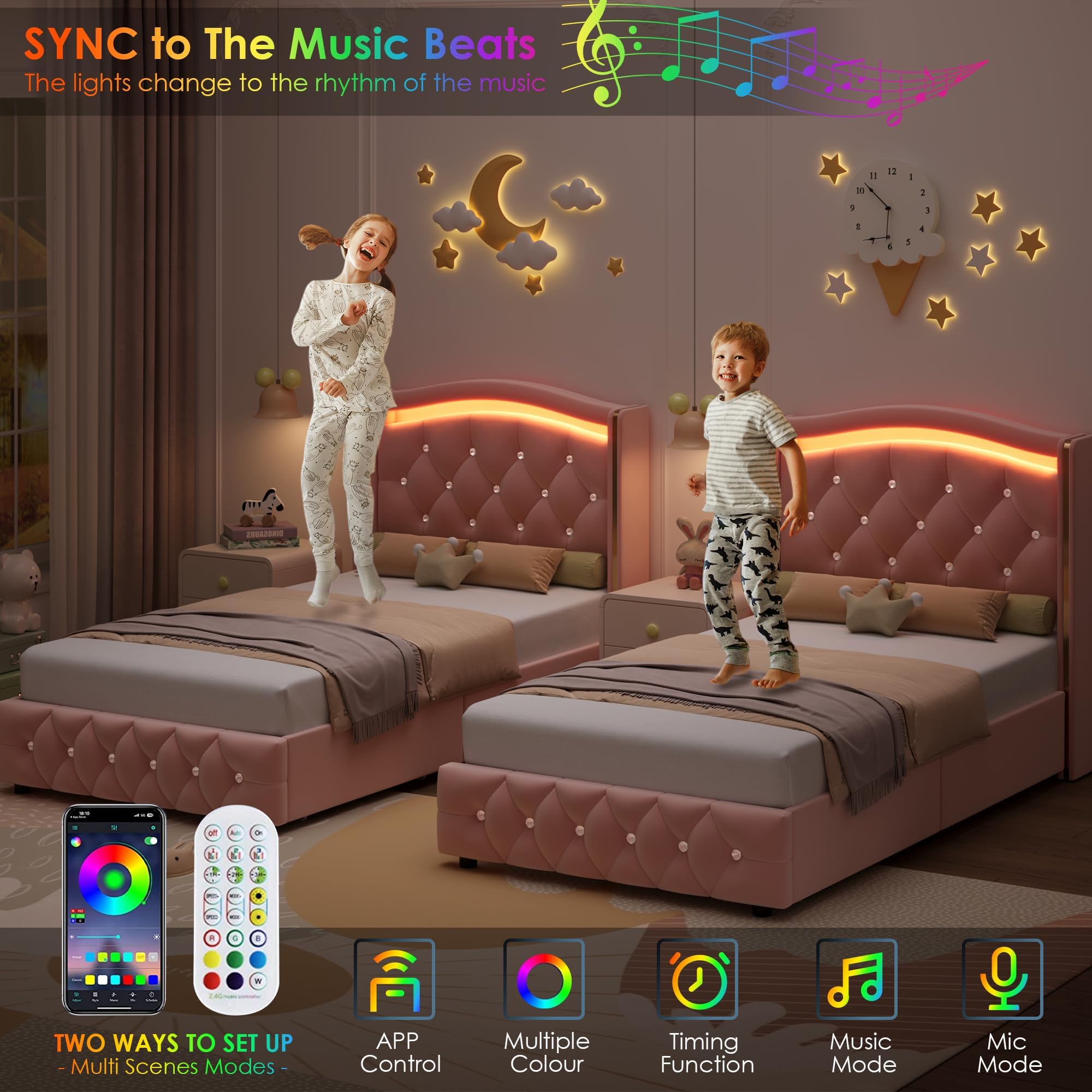 Twin LED Bed Frame with Storage Drawers and Crystal Wingback Headboard