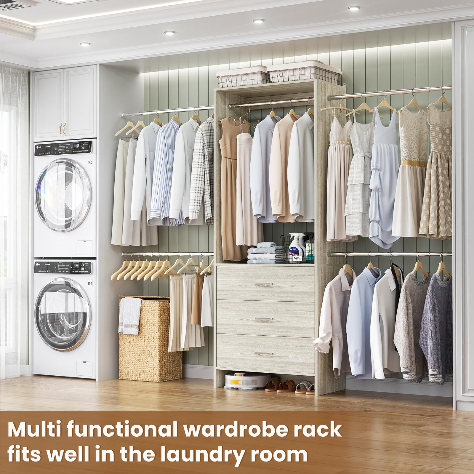 Wall-Mounted Closet System with 3 Drawers and 4 Hanging Rods