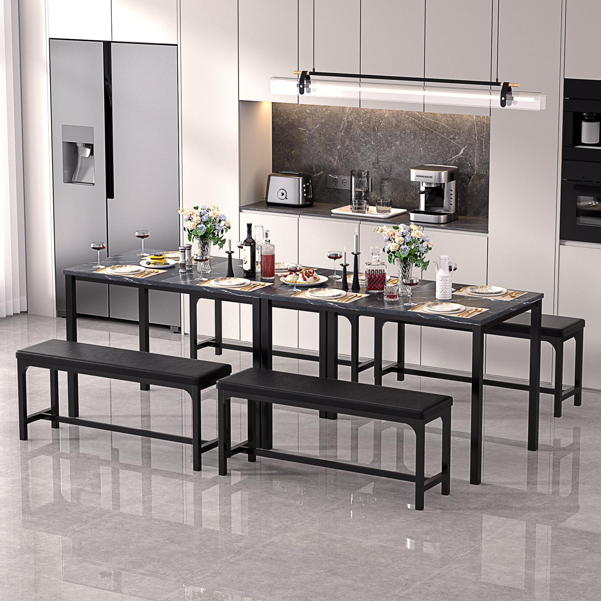 63" Extendable Dining Table Set with Benches