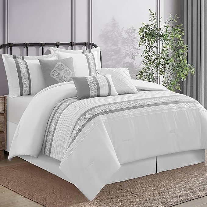 7 Piece Comforter Set - Pink White King Size Boho Geometric