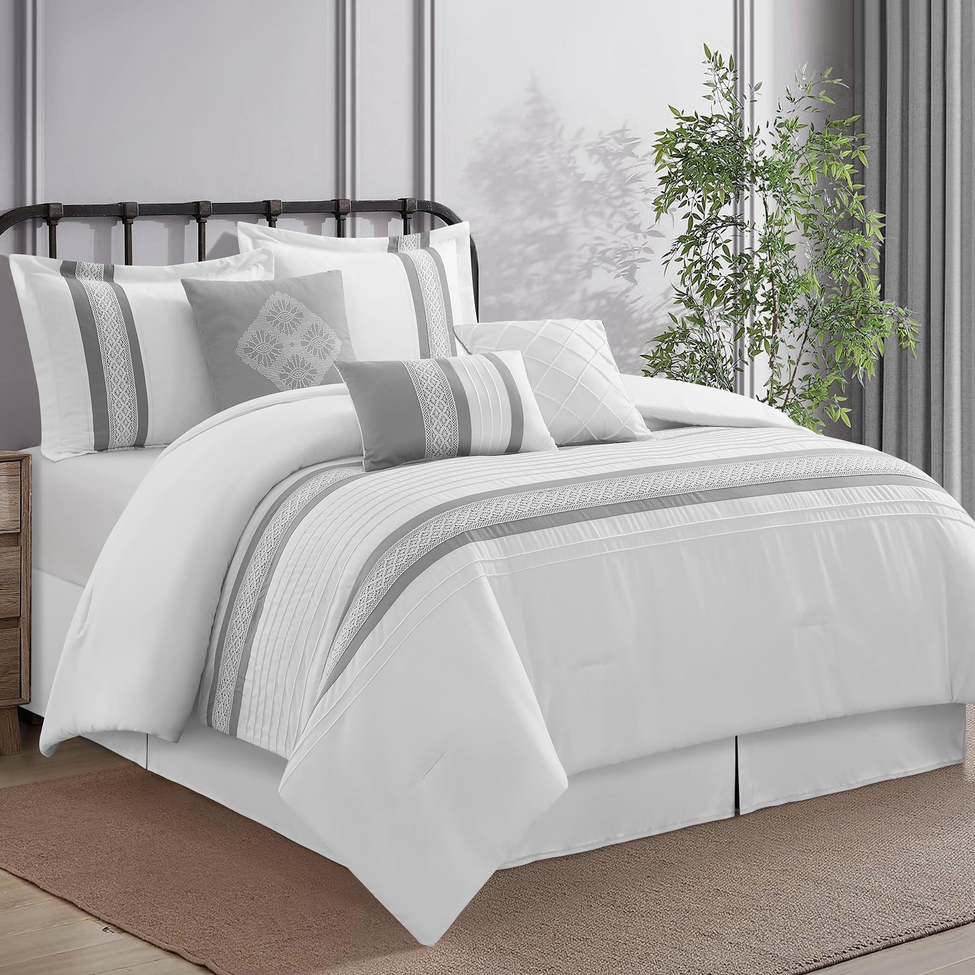 7 Piece Boho Comforter Set California King Grey White
