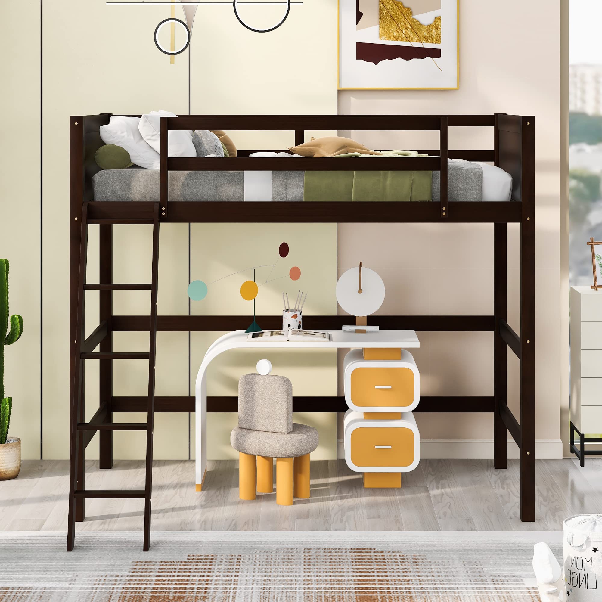 Twin Wood Loft Bed with Guardrail and Ladder
