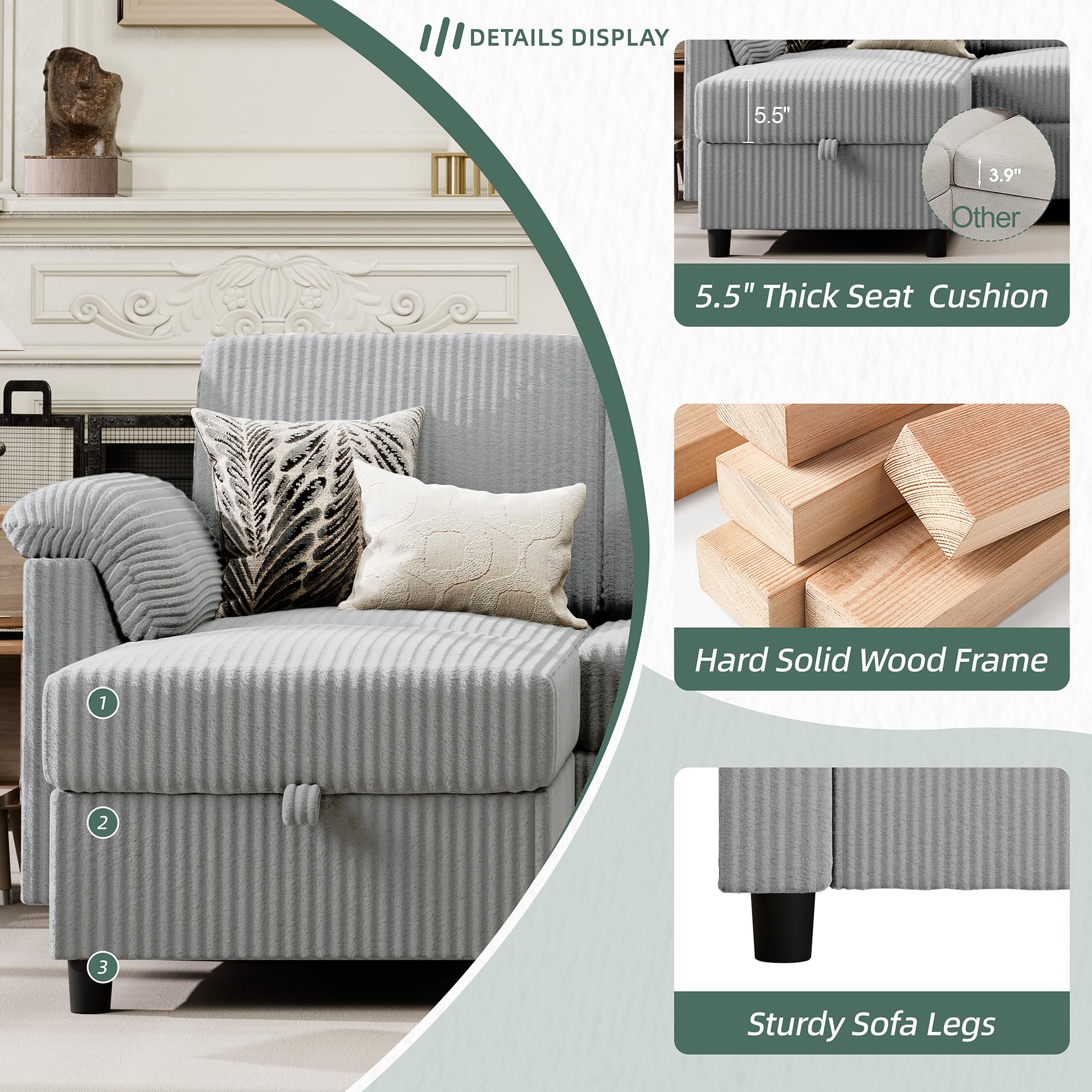 Convertible Sectional Sofa 3-Seat L-Shaped Couch Light Grey