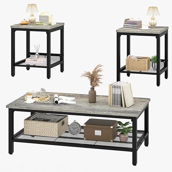 3-Piece Industrial Coffee Table Set with End Tables