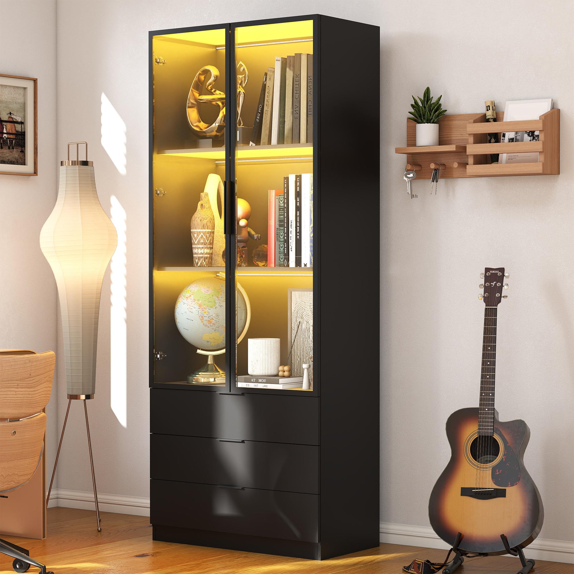 Black Glass Door Display Cabinet with LED Lights