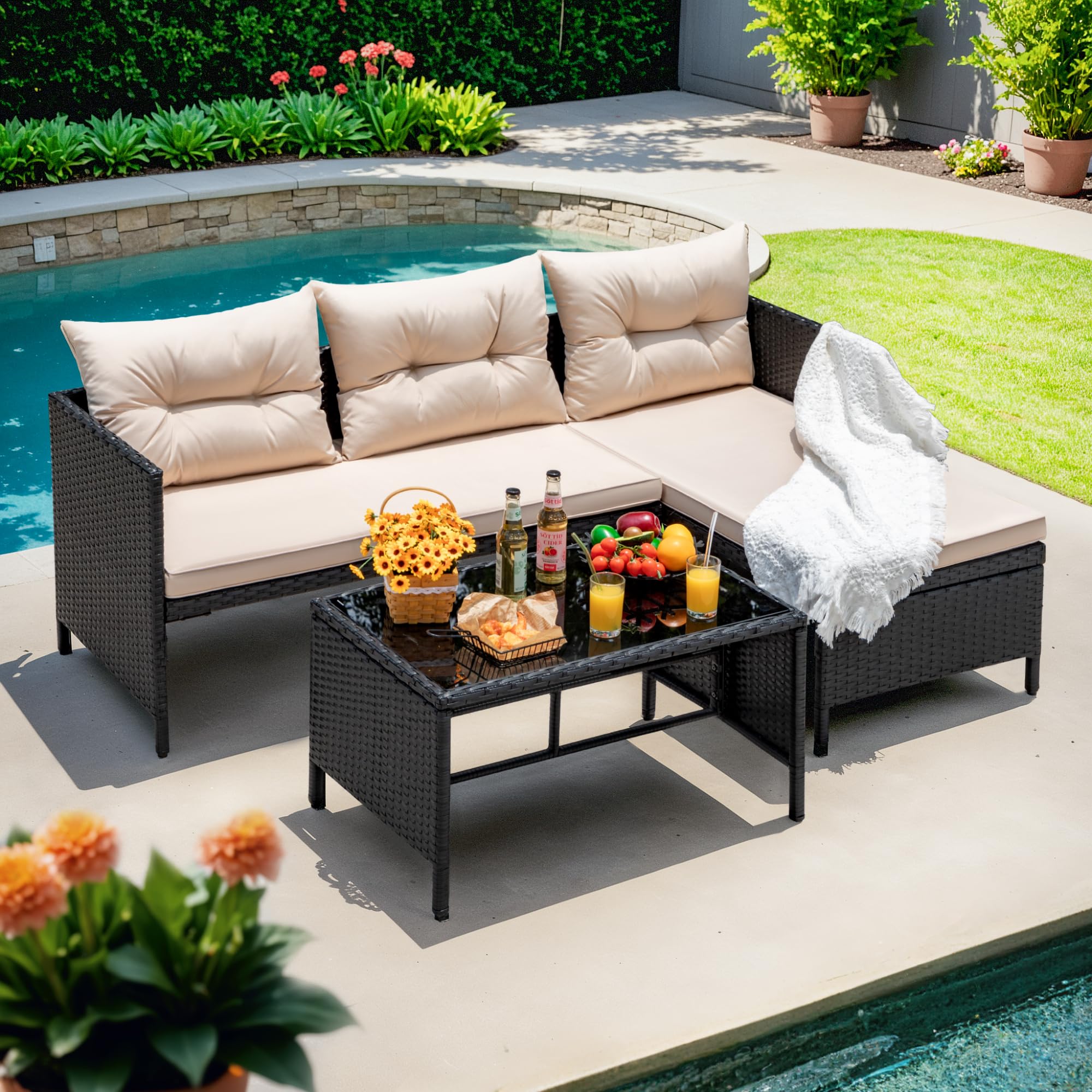 3-Piece Rattan Outdoor Sectional Sofa Set