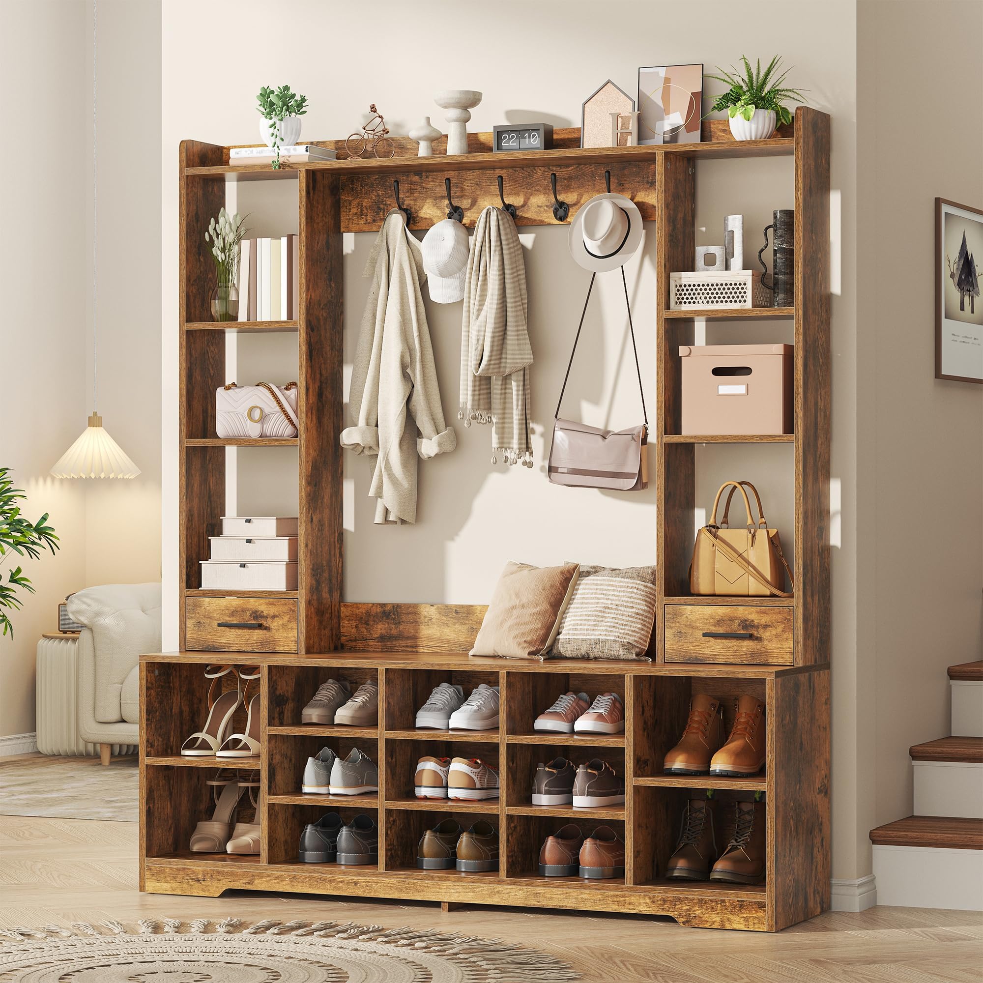 Farmhouse Hall Tree with Shoe Storage