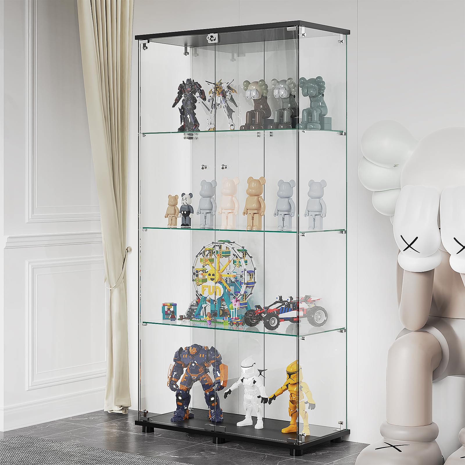 Glass Display Cabinet with 4 Shelves Double Doors Black
