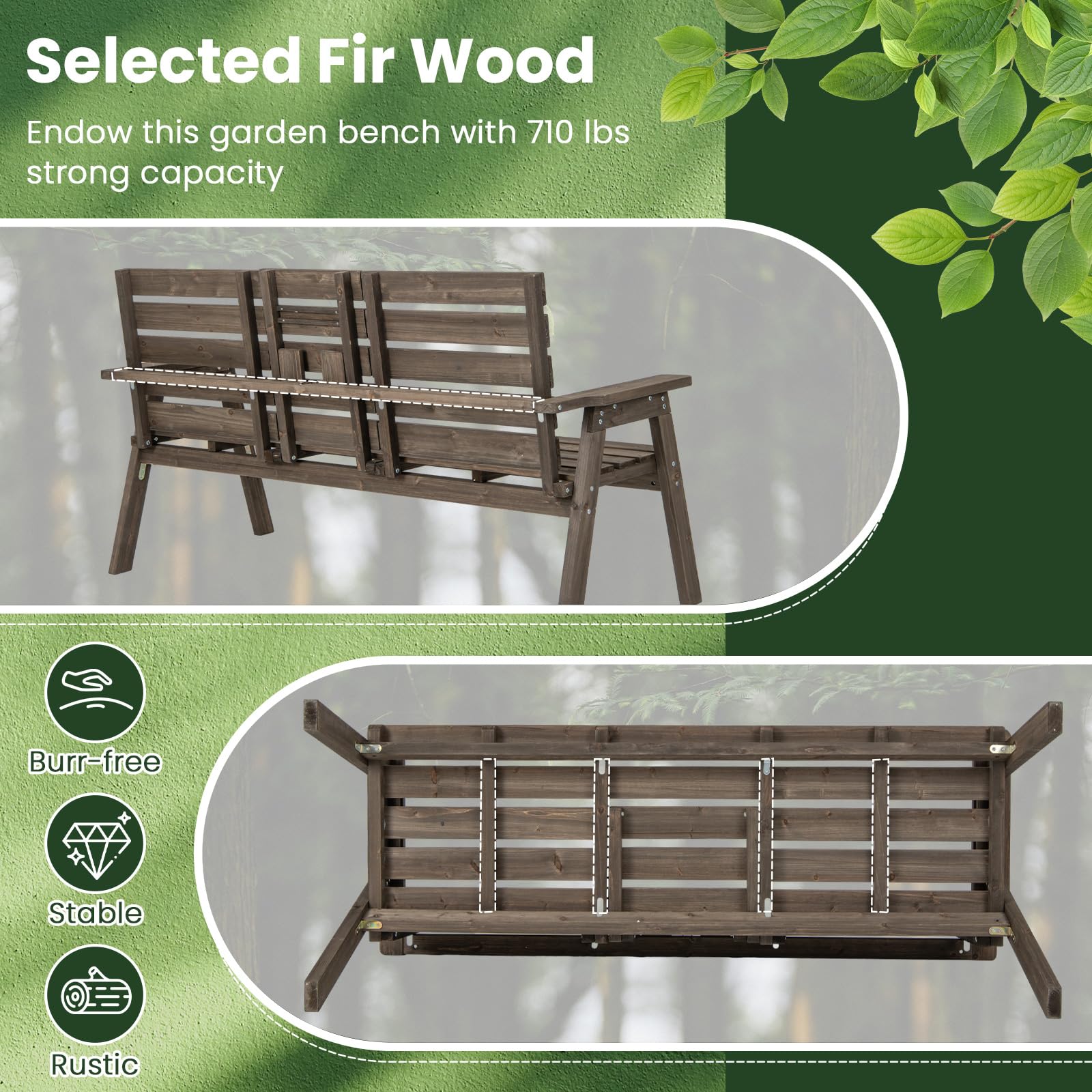 Foldable Outdoor Fir Wood Bench with Middle Table