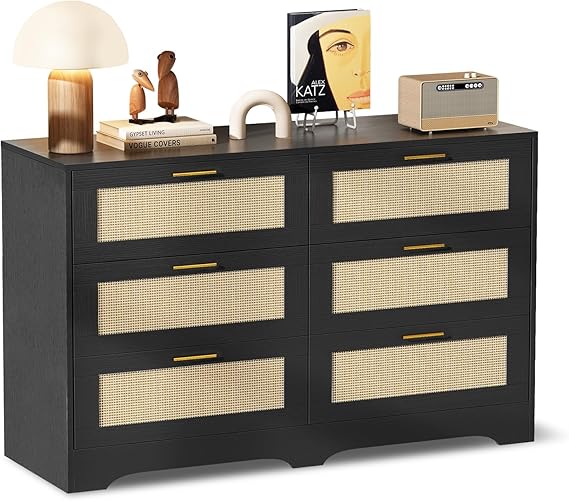 6 Drawer Rattan Dresser with Golden Handles