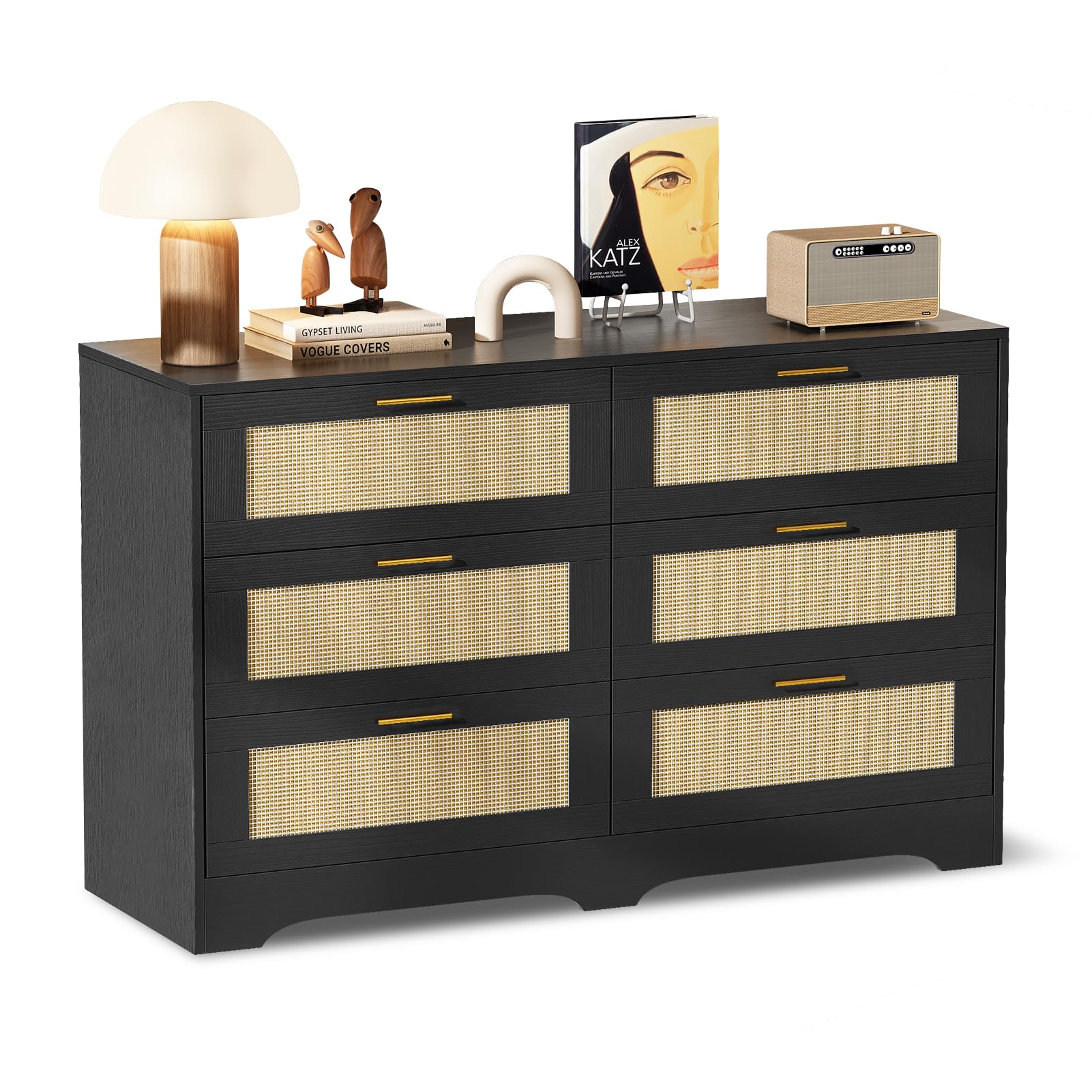 6 Drawer Rattan Dresser with Golden Handles