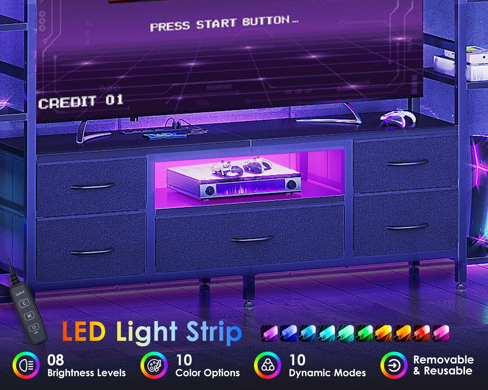 71" TV Stand with LED Lights & 5 Drawers