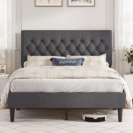 Queen Size Upholstered Platform Bed Frame with Wooden Slats