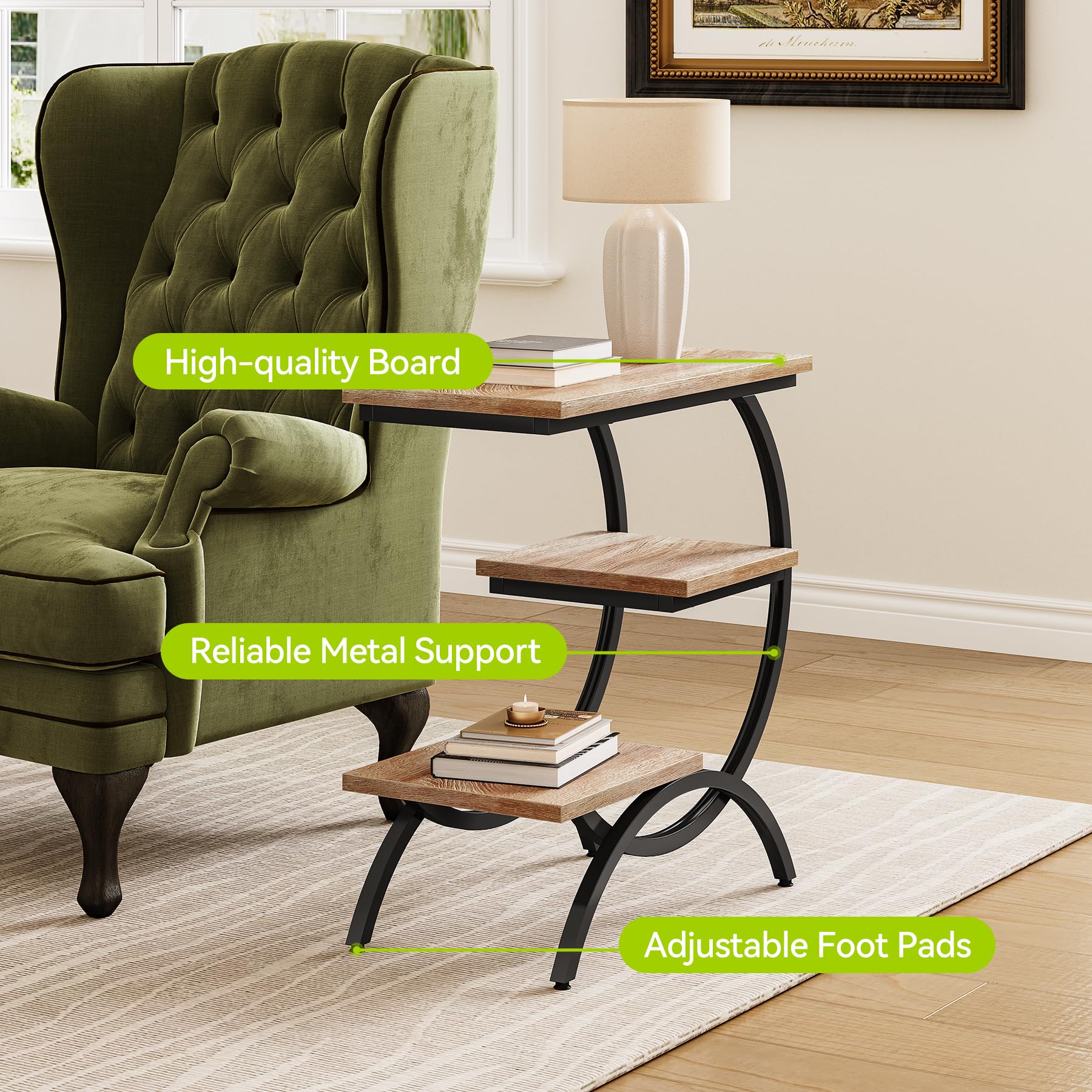C-Shaped End Table with Storage Shelves