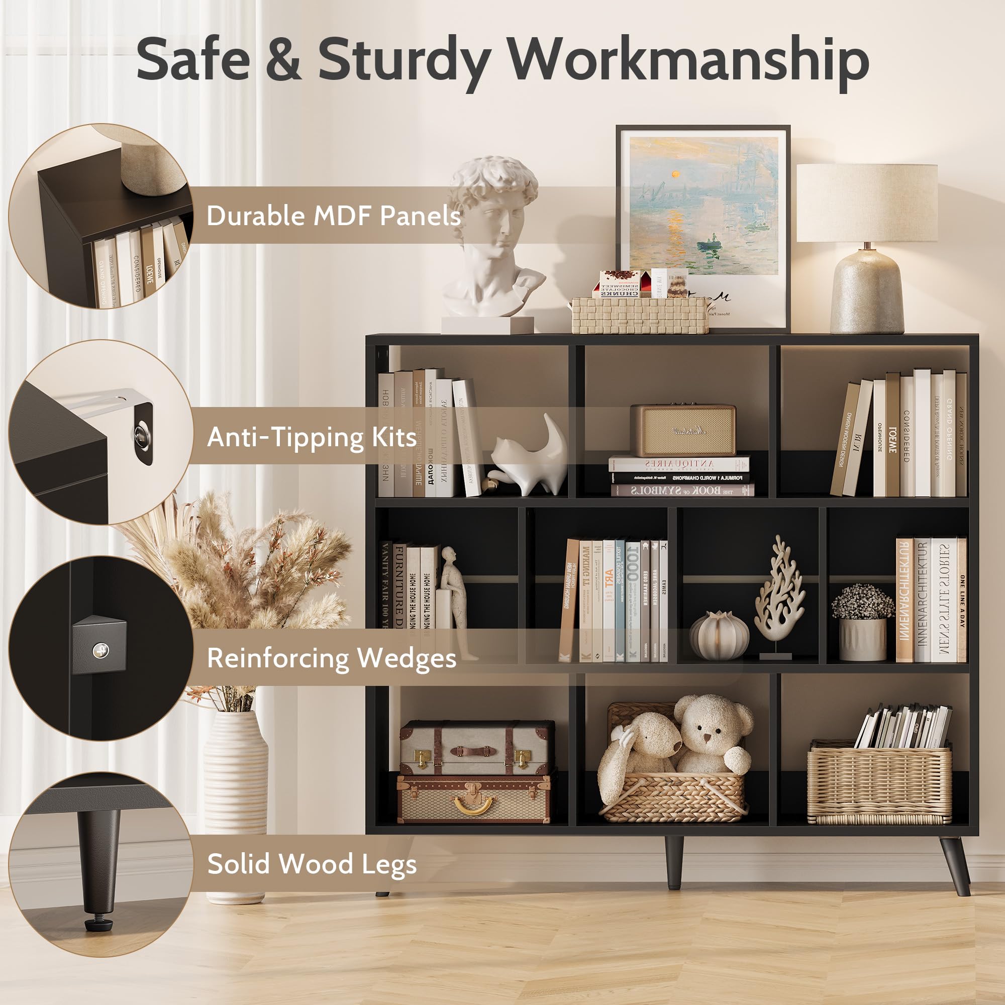 10-Cube Bookshelf with Solid Wood Legs