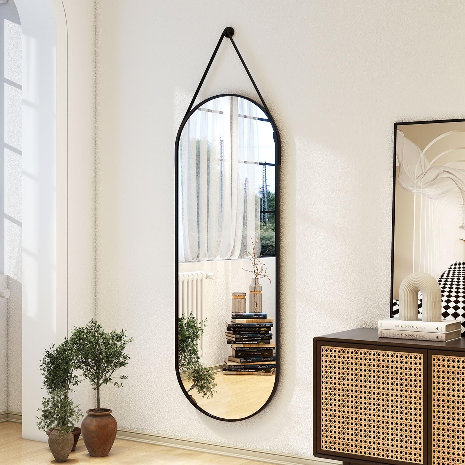 Full Length Oval Wall Mirror 16x48 with Leather Hanging Strap