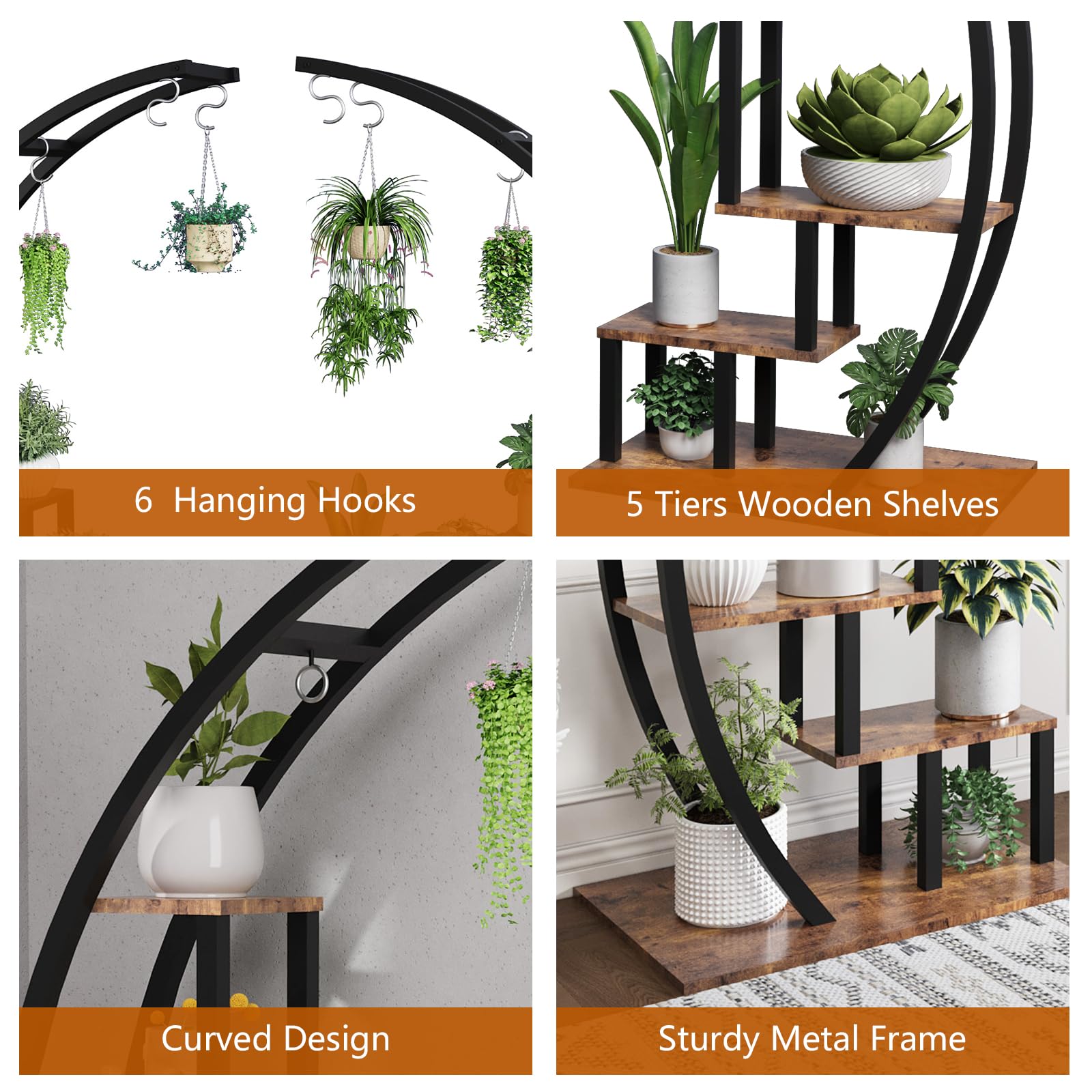 5-Tier Arc Plant Stand - Vintage Industrial Metal & Wood