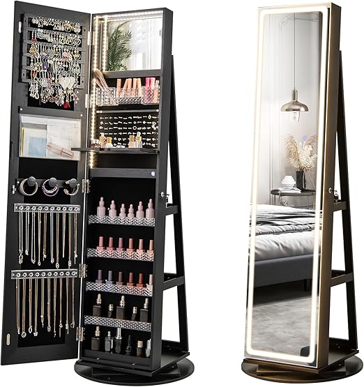 Swivel LED Mirror Jewelry Cabinet Armoire Full Length with Storage