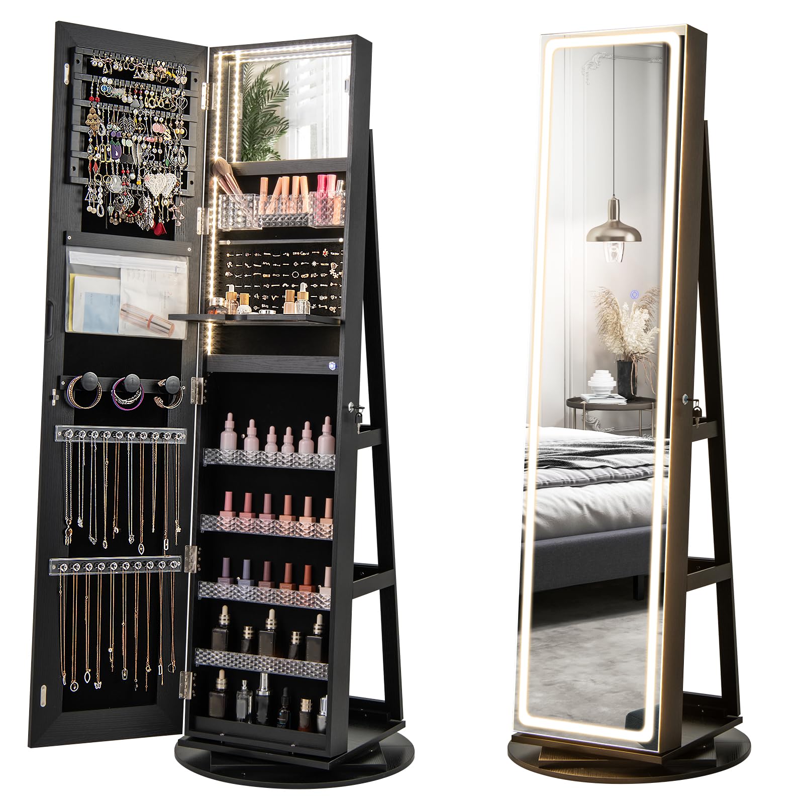 Swivel LED Mirror Jewelry Cabinet Armoire with Full Length Mirror