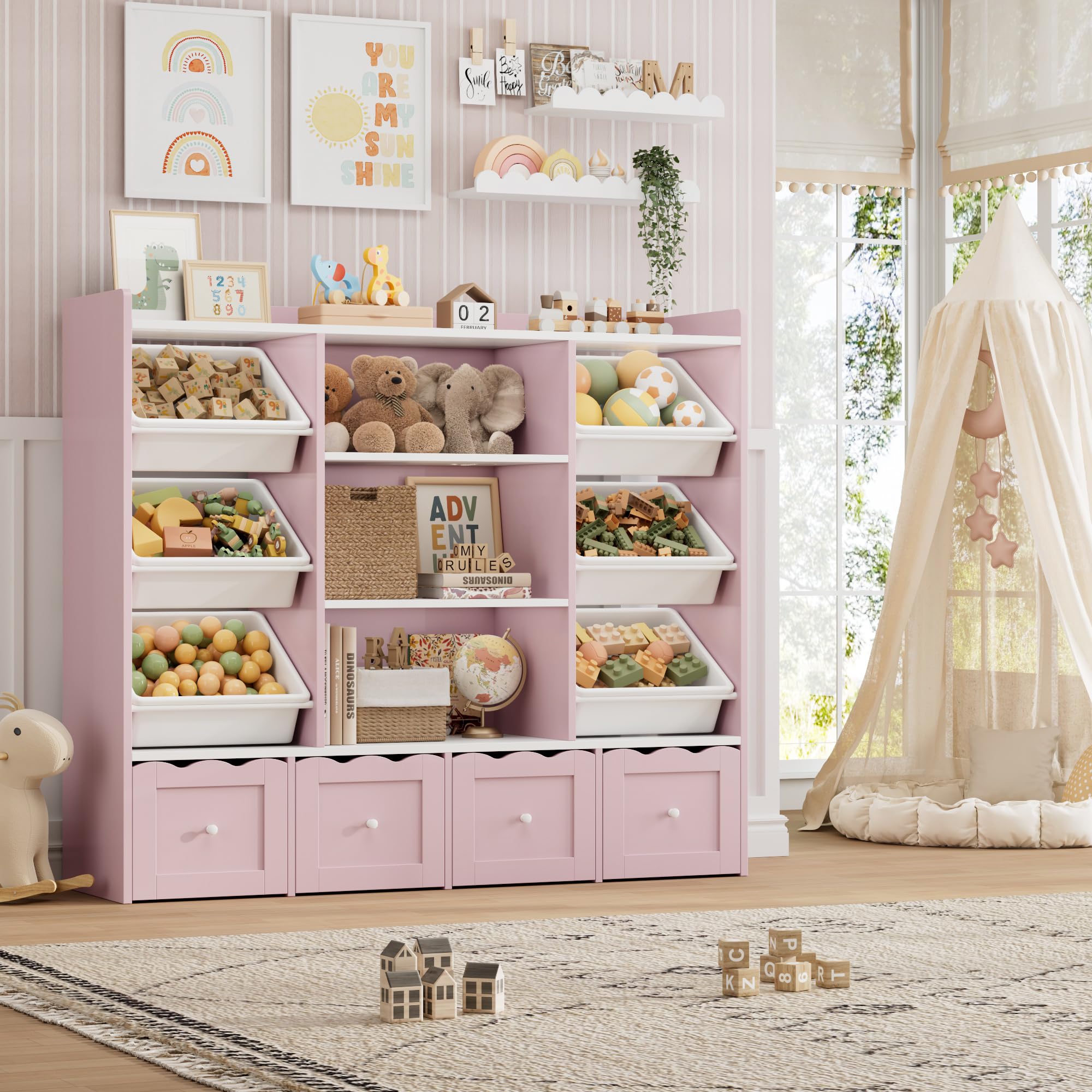 Kids Toy Storage Organizer with Bookshelf and Rolling Drawers