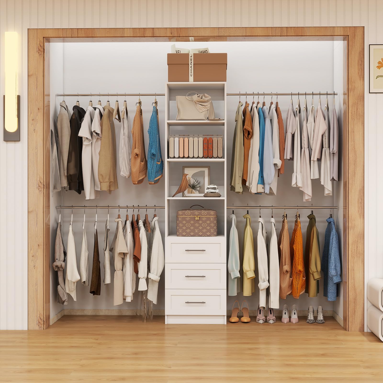 Custom Closet Organizer System with Drawers and Hanging Rods