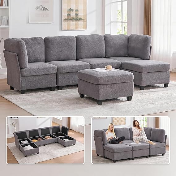6-Seat U-Shaped Modular Sectional Sofa with Storage Ottoman