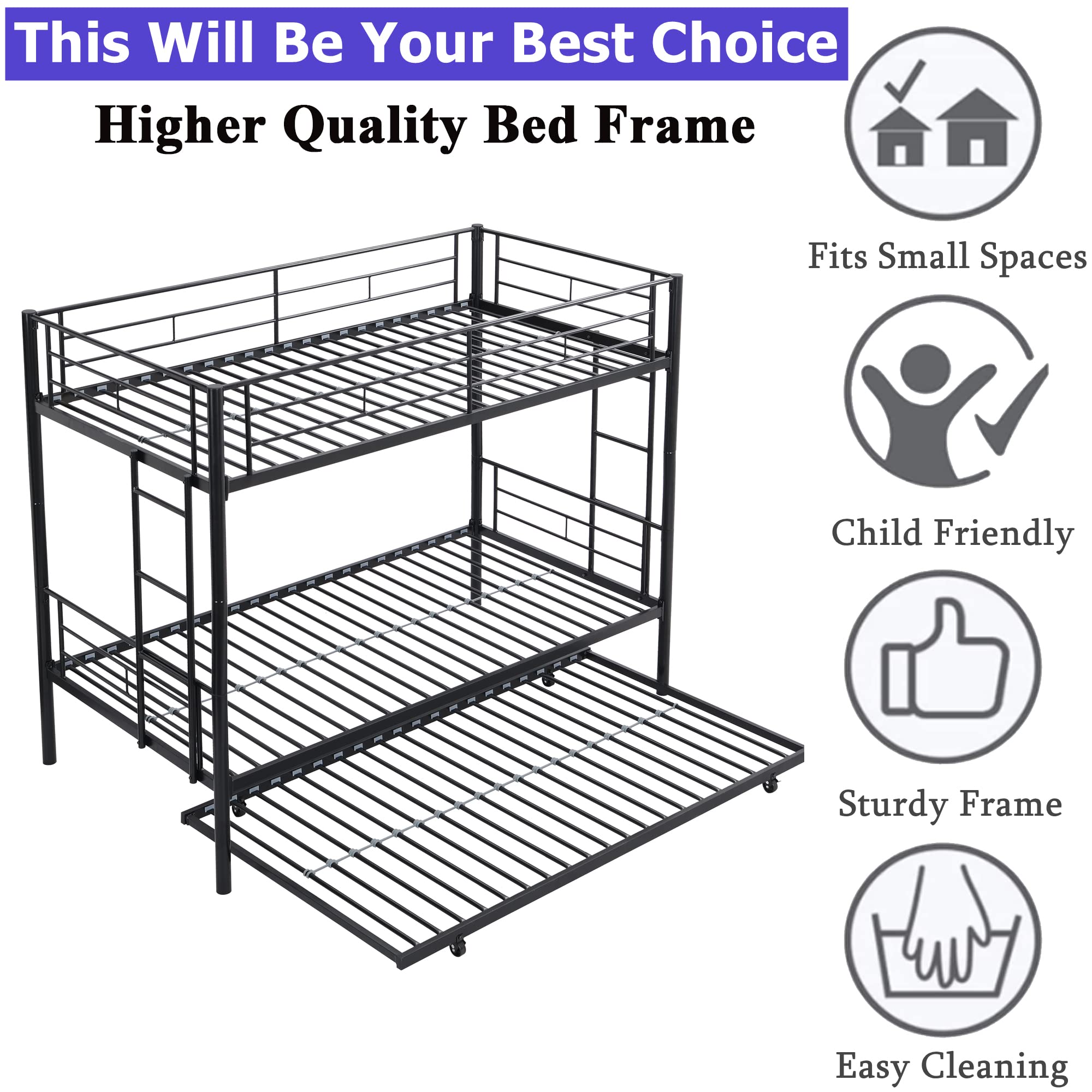Heavy Duty Metal Bunk Bed Twin Over Twin with Trundle