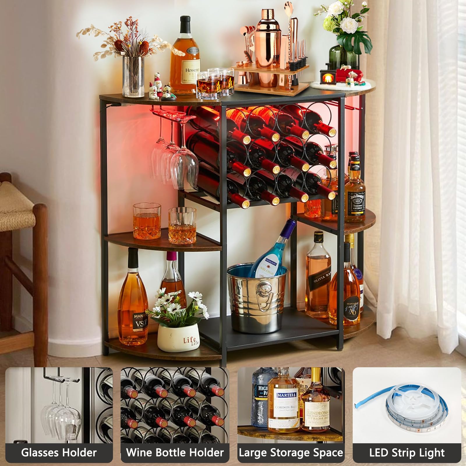 Wine Bar Cabinet with LED Lights and Storage