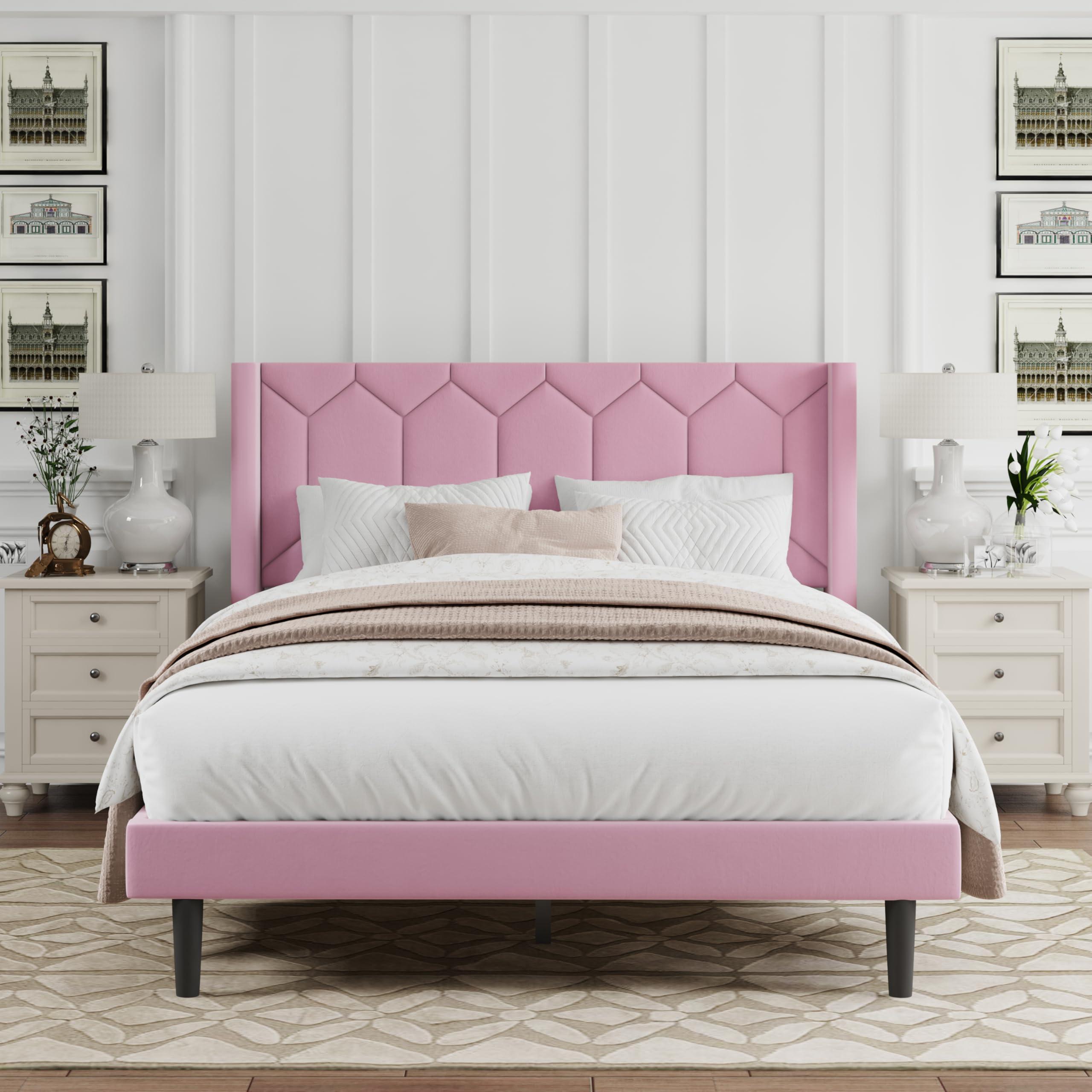 Pink Velvet Upholstered Full Bed Frame
