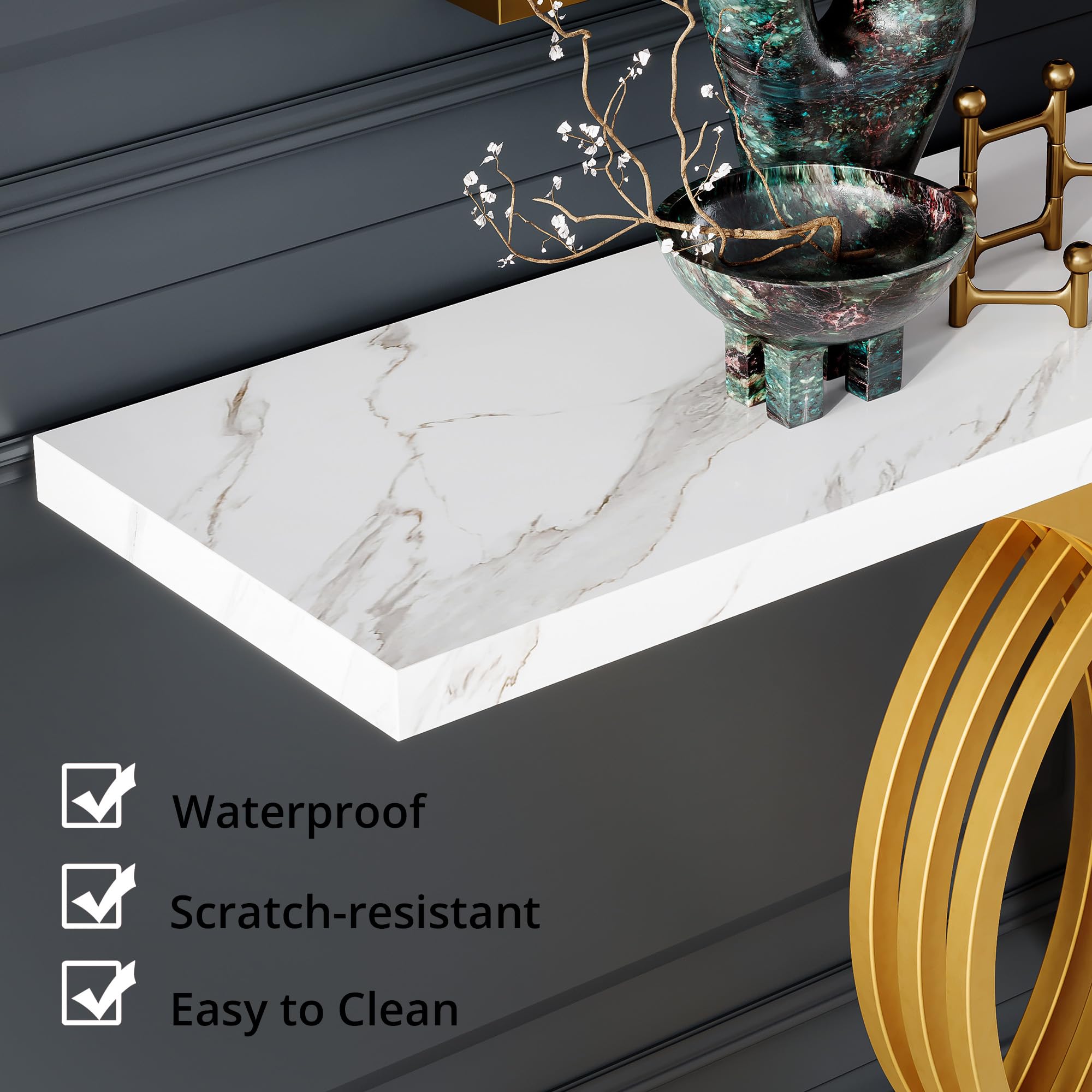 55 Inch Gold Entryway Console Table with Faux Marble Top